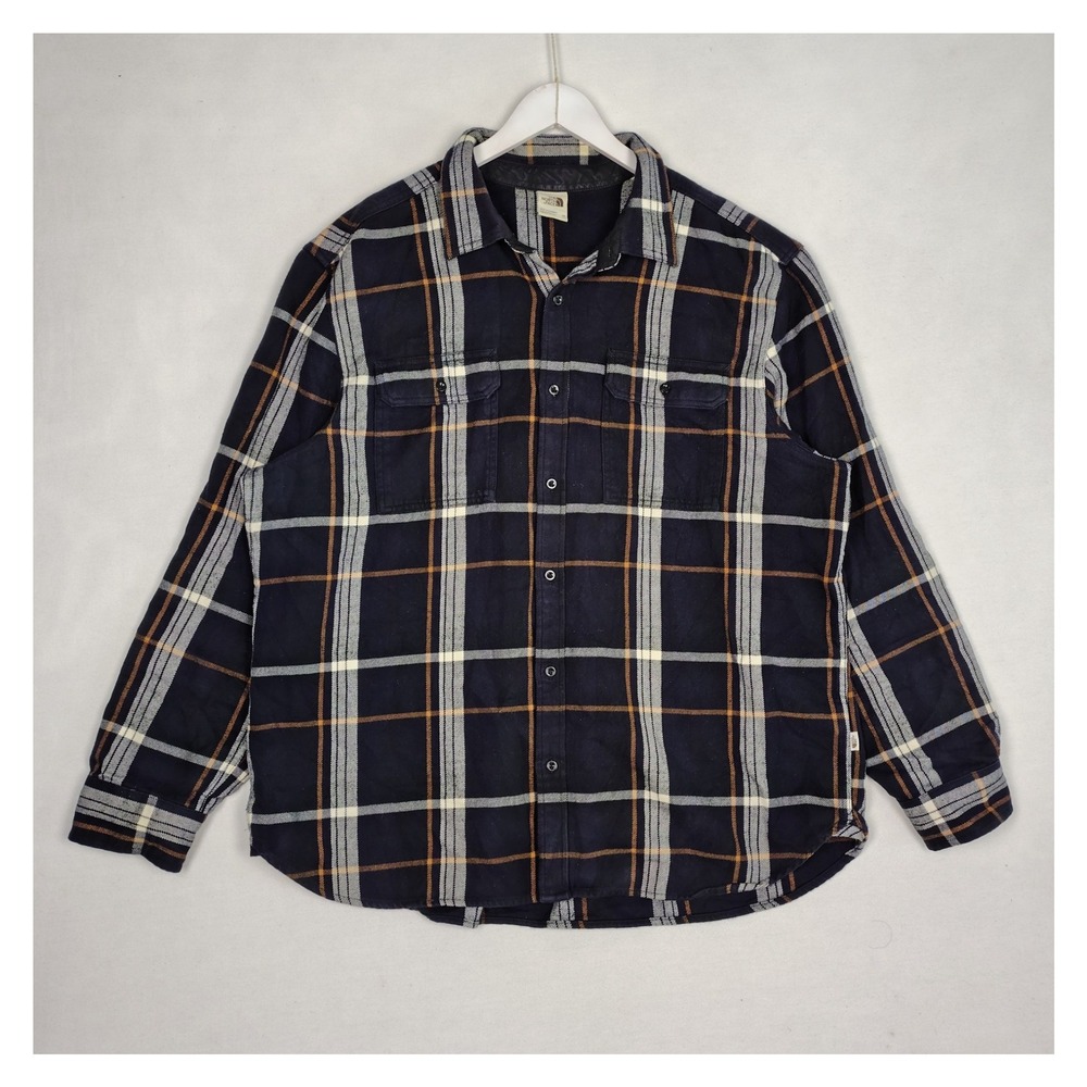 The North Face Mens XXL Plaid Flannel Button Up Shirt Navy Blue Orange Cotton